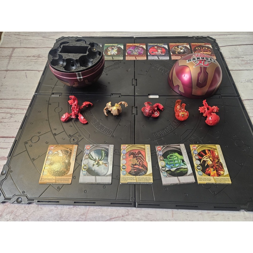 Lot of BAKUGAN BRAWLERS Red Gold Metal Ball + Balls & Deck Cards + Battle Field